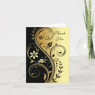 Floral Black & Gold Scroll Mariage Carte de remerc