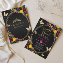 Floral Black Gold Tiara Butterfly Mis Quinceañera