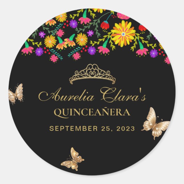 Floral Black Gold Tiara Butterfly Mis Quinceañera Runder Aufkleber (Vorderseite)