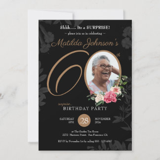 Floral Black Gold Überraschung 60. Geburtstag Einladung