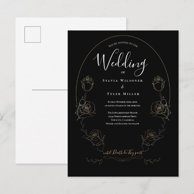 Floral Black Gothic Wedding Einladungspostkarte (Vorne/Hinten)