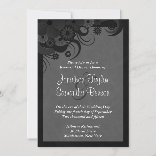 Floral Black Gray Hochzeit Probe Dinner Einladunge Einladung (Vorderseite)