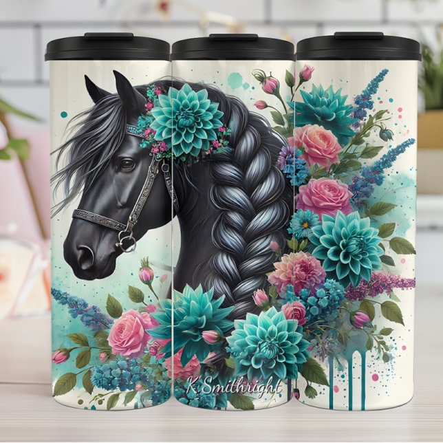 Floral Black Horse Braided Mane Thermosbecher (Von Creator hochgeladen)