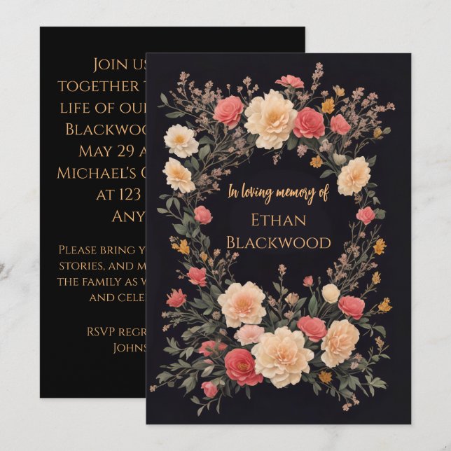 Floral Black In Love Mémoire Funeral Invitation (Devant / Derrière)