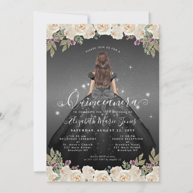 Floral Black Silver Gray Glam Princess Quinceanera Einladung (Vorderseite)