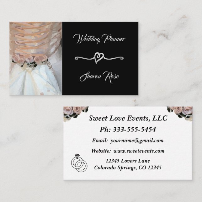 Floral Black Silver Wedding Planner Business Card Visitenkarte (Vorne/Hinten)