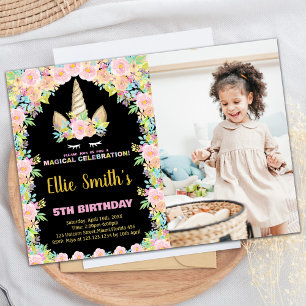 Floral Black Unicorn Anniversaire Invitations avec