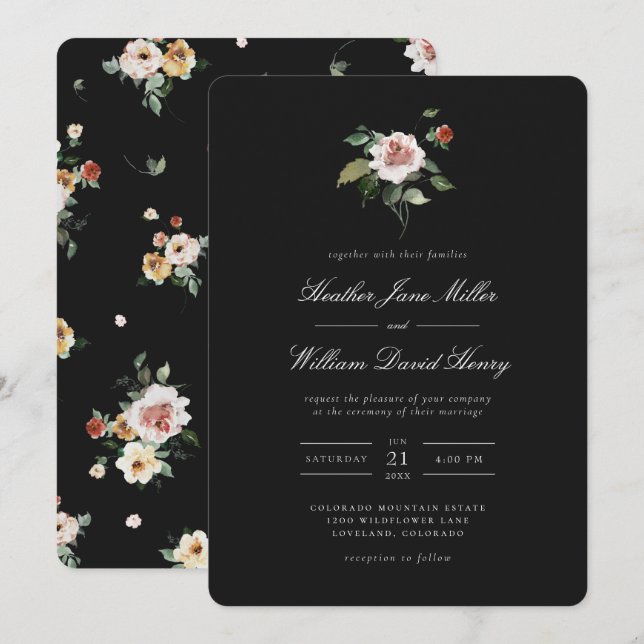 Floral Black Wedding Einladung (Vorne/Hinten)