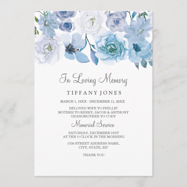 Floral Blanc Bleu En Amour Invitation de service d (Devant)