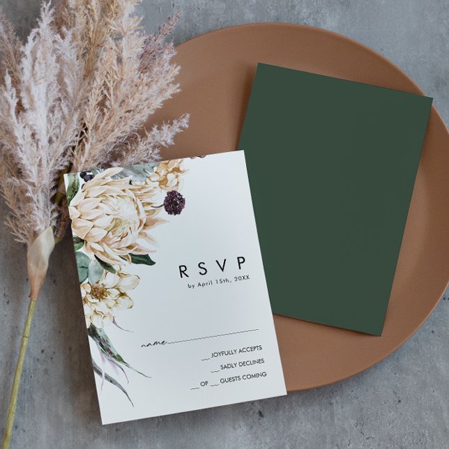Floral blanc | Carte RSVP Vert foncé (Créateur téléchargé)