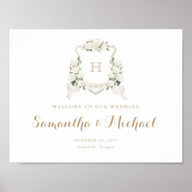 Floral Blanc Hydrangea Crest Monogramme Affiche de (Devant)