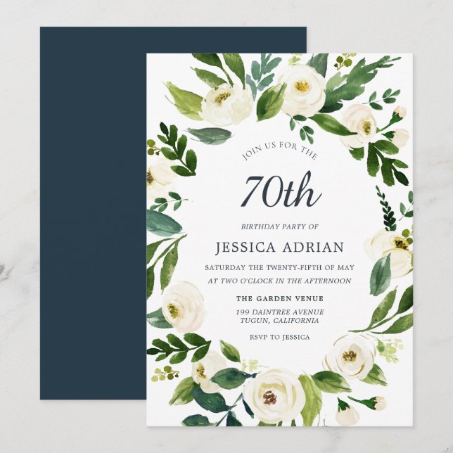 Floral blanc moderne 70e anniversaire Invitation d (Devant / Derrière)
