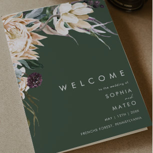 Floral blanc Programme de mariage plié vert fonc