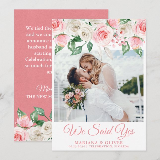 Floral blanc rose mariage Faire-part (Devant / Derrière)