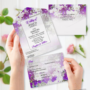 Floral blanc violet tout en un mariage Invitation