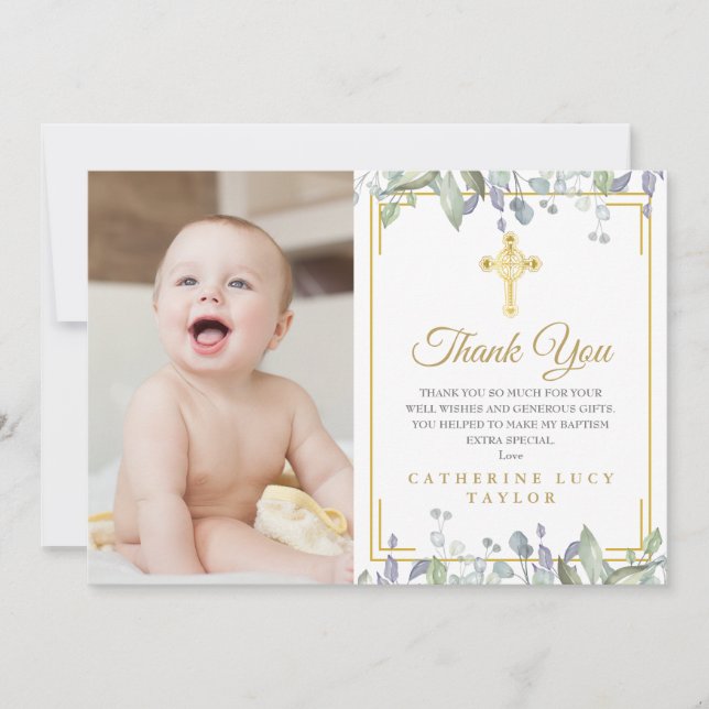 Floral Blätter Gold Cross Taufe Christening Foto Dankeskarte (Vorderseite)