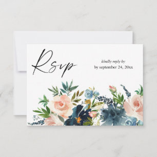 Floral bleu bleu marine et Dusty avec carte RSVP d