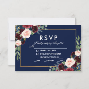 Floral Bleu Bourgogne Mariage Repas RSVP Or