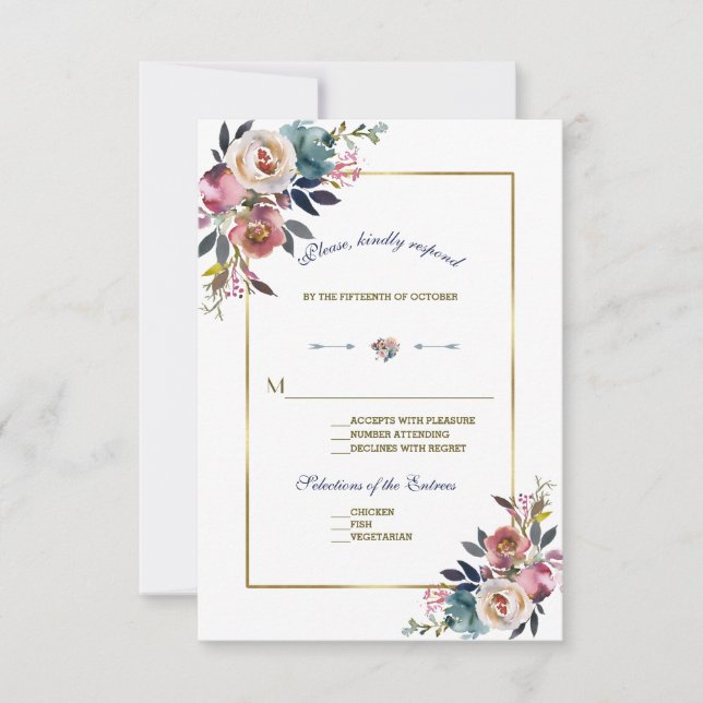 Floral bleu doré rose | Mariage RSVP (Devant)