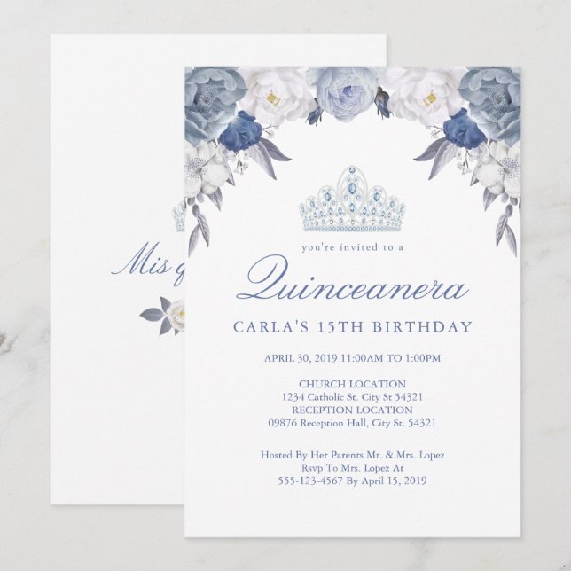 Floral bleu et blanc | Invitations de Quinceanera (Devant / Derrière)