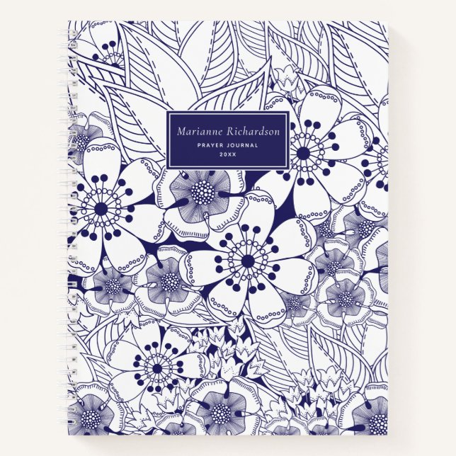 Floral Bleu et Blanc Nommé Journal de prière (Devant)