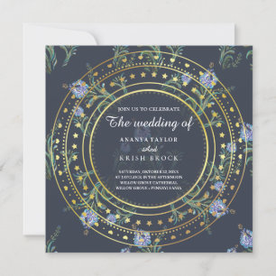 Floral bleu et or, Faire-part de mariage
