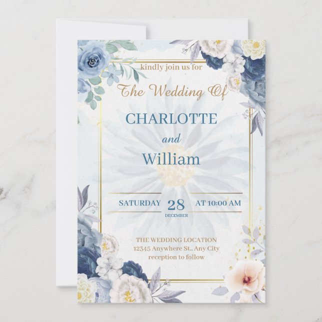 Floral Bleu Et Or Faire-part de mariage 2024 (Devant)