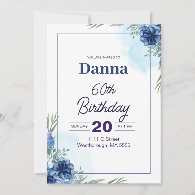 Floral bleu et vert Invitation 60e anniversaire (Devant)