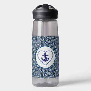 Floral bleu marine / blanc avec bouteille d'eau An