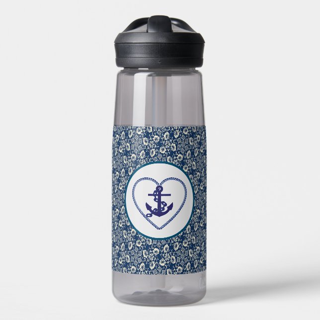Floral bleu marine / blanc avec bouteille d'eau An (Avant)