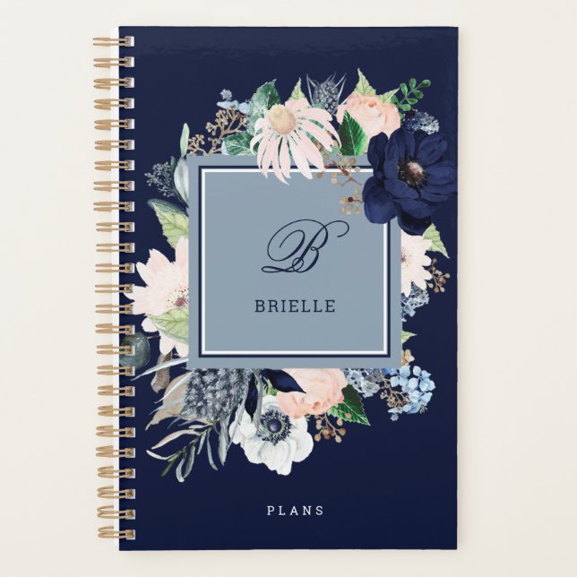 Floral bleu marine et rose | Nom et monogramme (Devant)