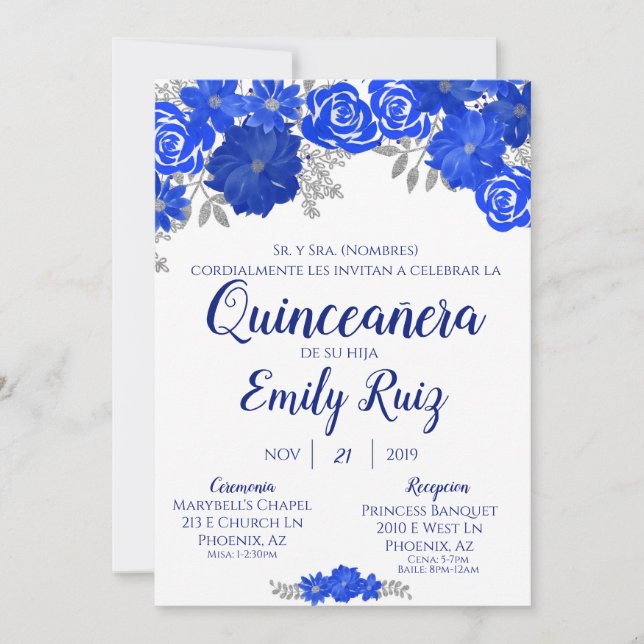 Floral bleu Quinceañera Invitation En Espagnol (Devant)