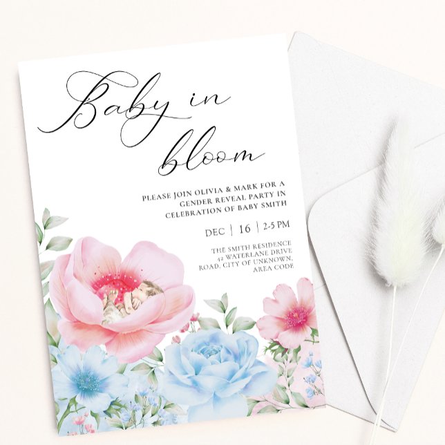Floral bleu rose aquarelle sexe révéler invitation (Créateur téléchargé)