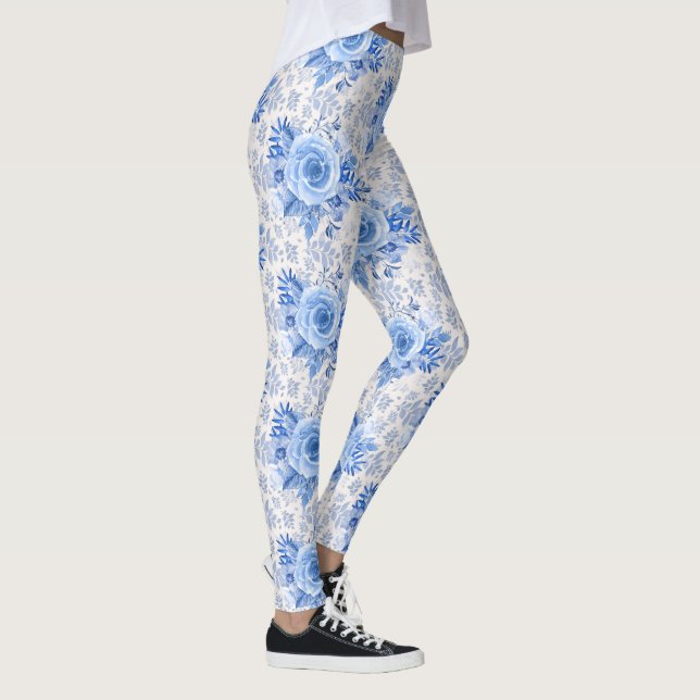 Floral Bleu Roses sur Leggings blancs femmes (Droite)