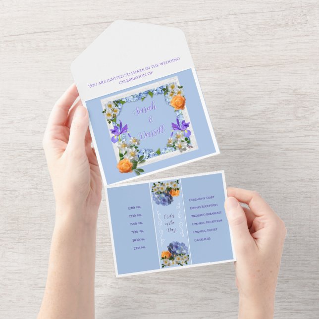 Floral bleu tout en un mariage Invitation (Déchirure)