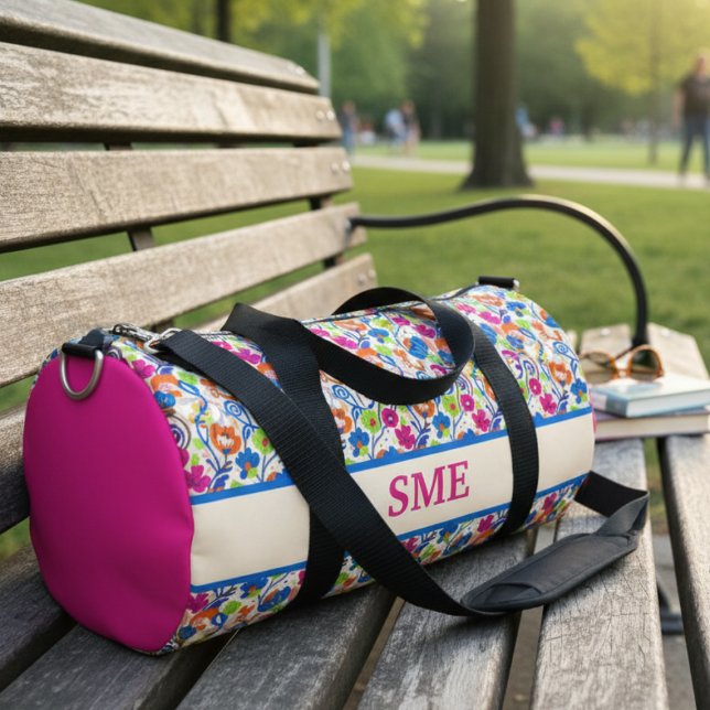 Floral Bloom Bright Garden Botanical Weekend Bag Duffle Bag (Whimsical bright floral monogram gym bag)