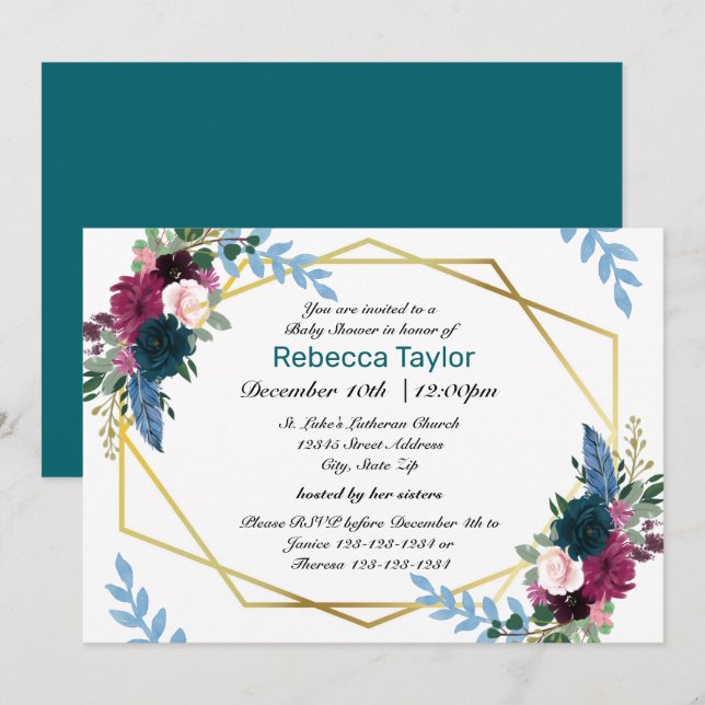 Floral Blooms Mod Turquoise - Invitation Baby show (Devant / Derrière)