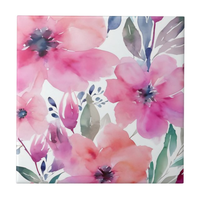 Floral Blossoms | Watercolor Pink Flowers Painted Fliese (Vorderseite)
