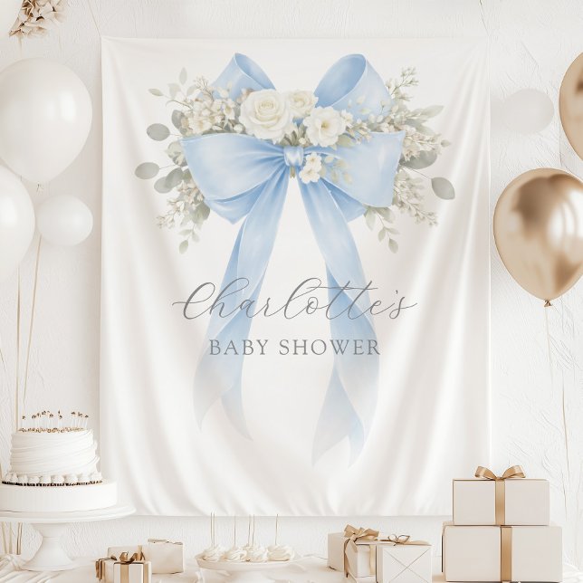 Floral Blue Bow Baby Boy Shower Wandteppich (Von Creator hochgeladen)