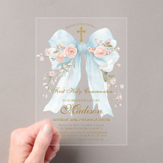 Floral Blue Bow First Holy Communion Girl Acryleinladungen