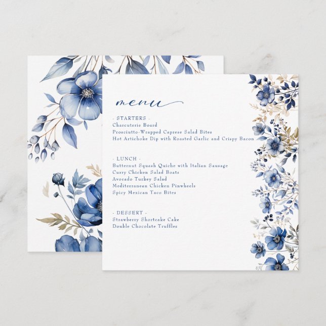 Floral Blue Brautparty Flat Menu Menükarte (Vorne/Hinten)