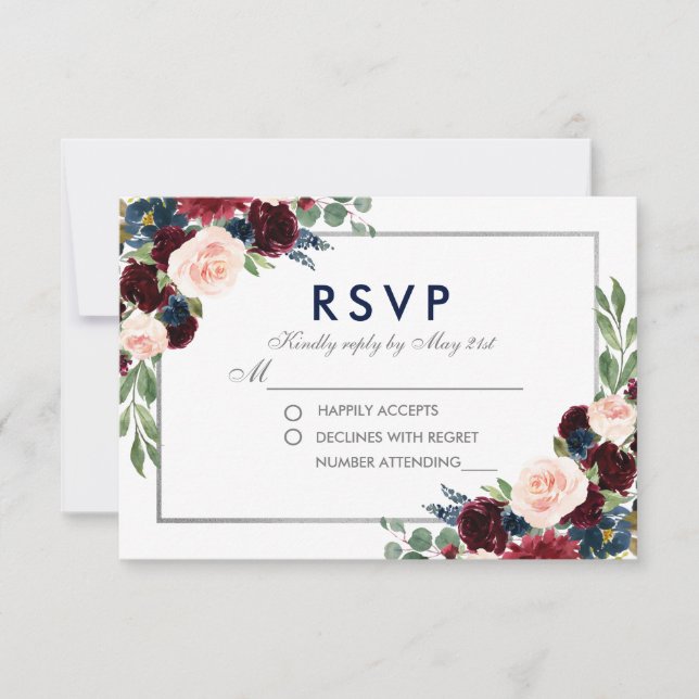 Floral Blue Burgundy Wedding Silver UAWG RSVP Karte (Vorderseite)