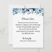 Floral Blue Funeral Carte de remerciements