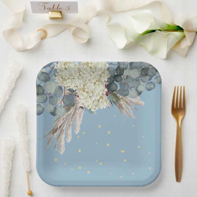 Floral Blue Gold Elegante Pappteller (Hochzeit)
