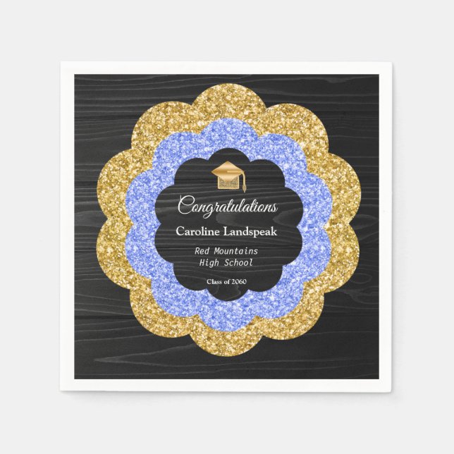 Floral Blue Gold Graduation Party Serviette (Vorderseite)