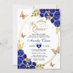 Floral Blue Gold Tiara Butterfly Mis Quinceañera Einladung