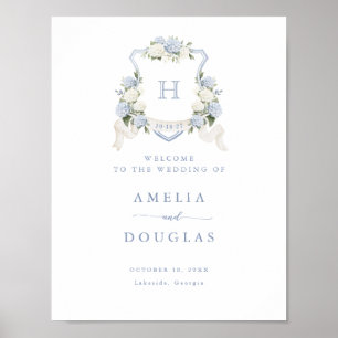 Floral Blue Hydrangea Crest Monogram Affiche de bi
