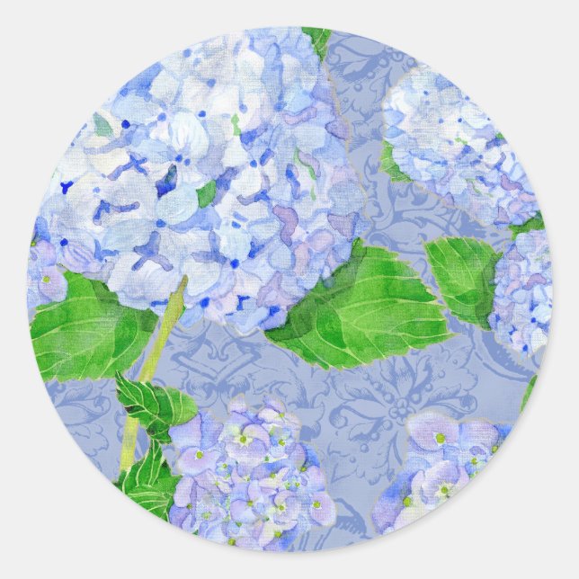 Floral Blue Hydrangea Lace Damask Muster Hochzeit Runder Aufkleber (Vorderseite)