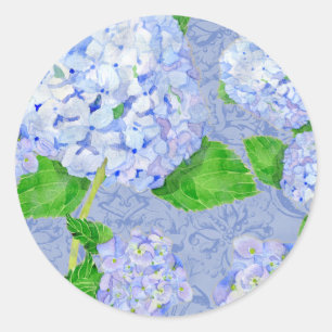 Floral Blue Hydrangea Lace Damask Muster Hochzeit Runder Aufkleber