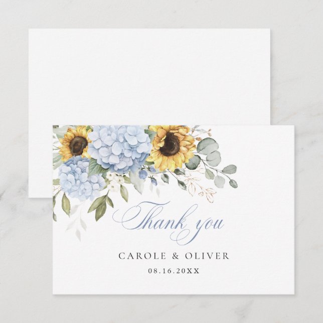 Floral Blue Hydrangea Sonnenblumen Hochzeit Vielen Dankeskarte (Vorne/Hinten)